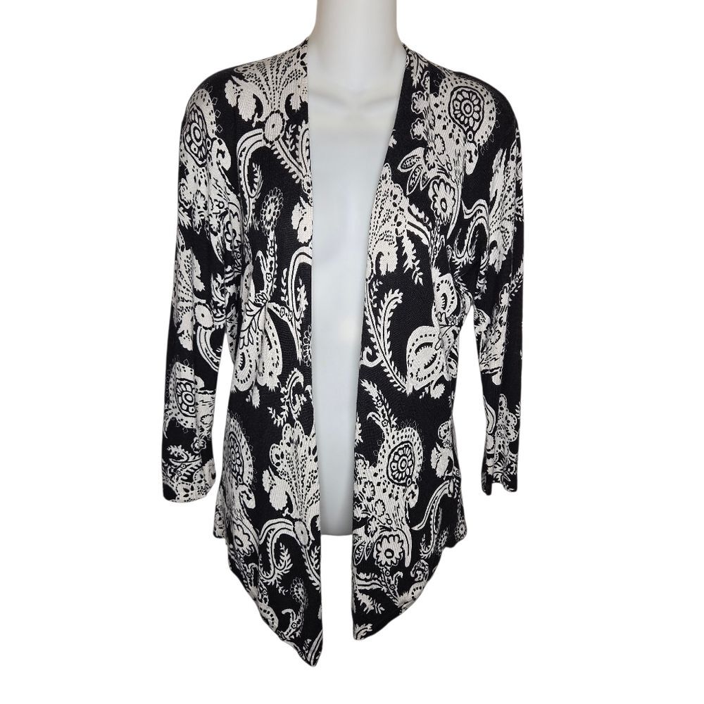 Cache Vintage Black & White Floral Open Front Cardigan